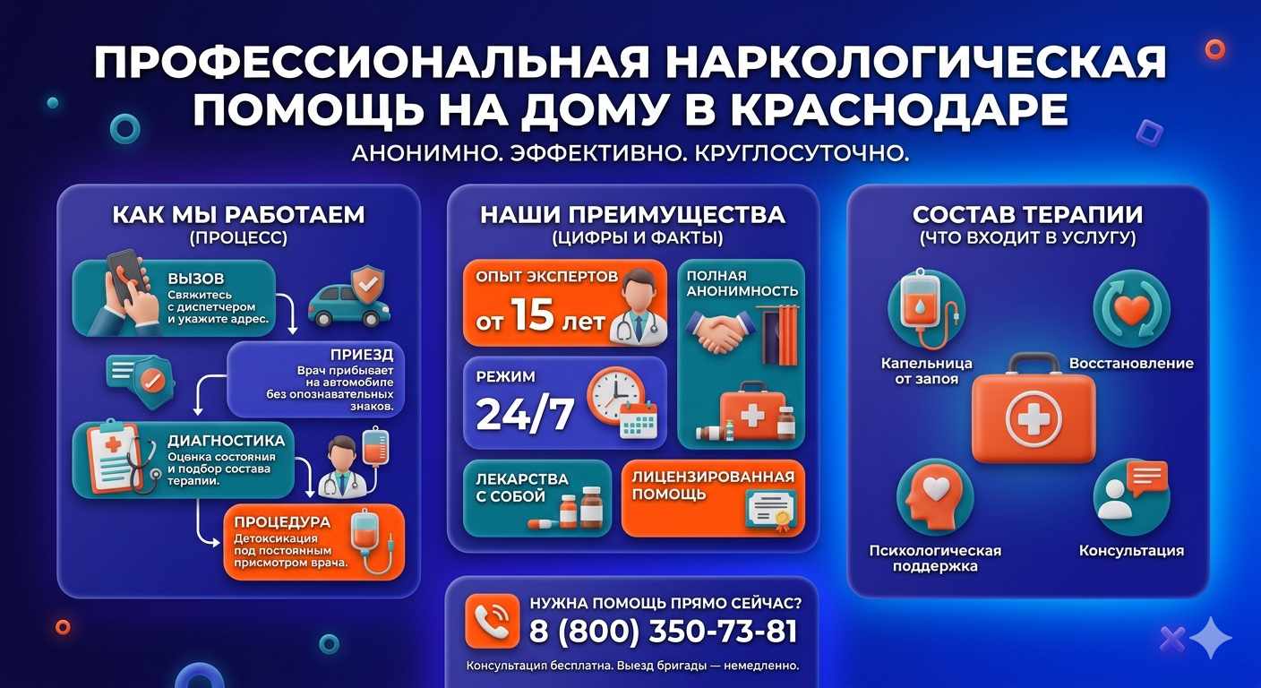 Инфографика о принципах лечения алкоголизма на дому в Линёво: этапы вызова нарколога, преимущества анонимной детоксикации и состав медицинской помощи.